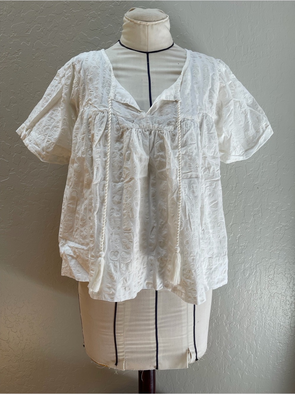 Porridge White Textured Peasant Blouse with Tassel Tie